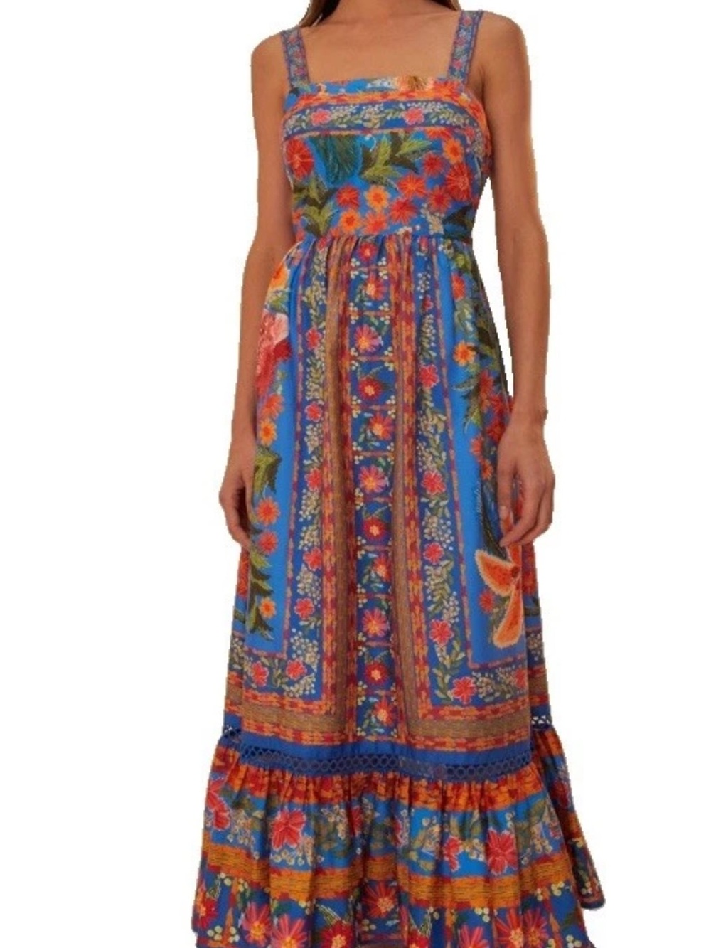 FARM Rio Blue Floral Maxi Dress with Orange & Green Accents